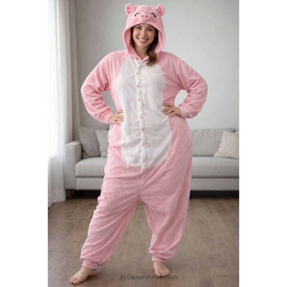 HUTUTU Pig One Piece Pajamas Adult Large Pink Fleece Hooded Character Jumpsuit